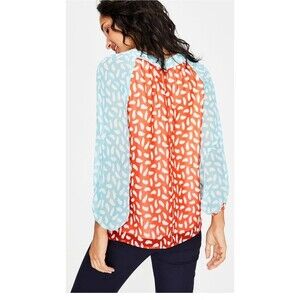 Boden Sylvie Blouse Size US 6 All Over Print Orange Blue Sheer Blouson Sleeve